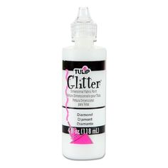 a bottle of glue that is white with pink trim on the top and bottom, in front of a white background