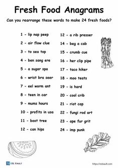 a printable worksheet for fresh food anagrams to help kids learn how to