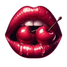 a painting of a red lips with cherries in the mouth