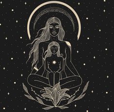 a woman sitting in the middle of a lotus with her child on her lap, surrounded by stars