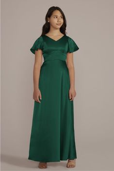 A sweet look that ll fit right in with the bridesmaids, this satin-like charmeuse junior bridesmaid dress features a V-neckline, graceful A-line skirt, and flutter sleeves. Galina Signature, exclusively at David's Bridal Polyester Back zipper; unlined Dry clean Imported Martini Olive, Junior Bridesmaid Dress, Bridesmaid Dress Styles, Junior Bridesmaid Dresses, Junior Bridesmaid, Davids Bridal, Flutter Sleeves, A Line Skirt, Flutter Sleeve