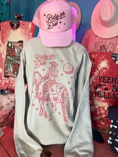 Printed on fleece lined sweatshirts. don't forget the matching hat! Western Crew Neck Sweatshirt Pink, Cowgirl Graphic, Western Sweatshirts, Casual Country Outfits, Pink Cowgirl, Giddy Up Glamour, Iron Decoration, Matching Hat, Ride Or Die