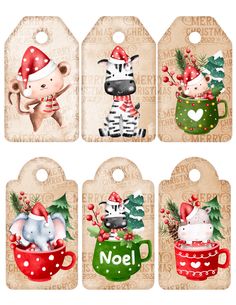 four christmas gift tags with animals in mugs and snowflakes on the top