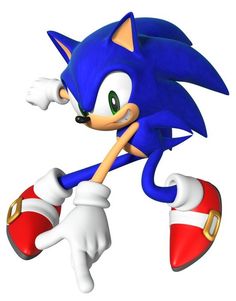 sonic the hedge is running with his feet up and one foot in the air,