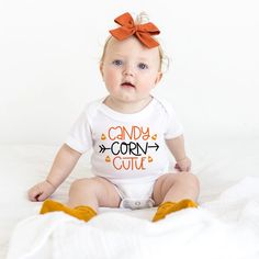 Candy Corn Cutie Onesie® - Pipsy Halloween Onesie Girl, Cutie Orange, Baby Spice, Baby First Halloween, Halloween Onesie, Custom Onesies, Text Graphic, Halloween Baby, Baby Milk