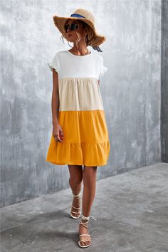 White & Yellow Color Block Ruffle-Accent Shift Mini Dress Women Sweet Beach Dresses Short Sleeve Ruffle Hem Dress For Beach, Casual Knee-length Ruffle Dress For Beach, Summer Ruffle Dress With Short Sleeves, Summer Ruffle Dress With Short Sleeves For Vacation, Short Sleeve Summer Ruffle Dress For Vacation, Short Sleeve Ruffle Dress For Vacation, Summer Beach Ruffle Dress With Short Sleeves, Casual Knee-length Ruffle Dress For Summer, White Tiered Ruffle Dress For Vacation