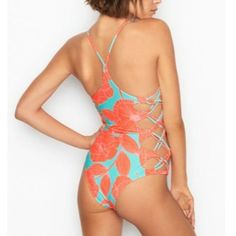 Body Glove Neon Strappy Side Cutout One-Piece Swimsuit Size Small Orange One-piece Swimwear With Floral Print, Orange Tropical Print Swimwear For Spring, Spring Tropical Print Orange Swimwear, Spring Orange Bodysuit For Poolside, Spring Poolside Orange Bodysuit, Casual Orange One-piece Swimwear, Blue Tankini, Swimsuit Body, High Leg Swimsuit