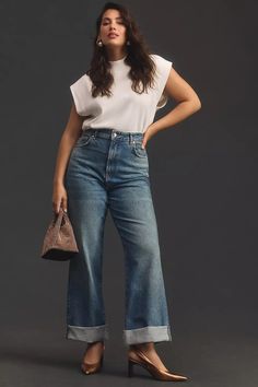 Wide Leg Jeans Outfit Summer Plus Size, Anthropology Womens Clothing, Classy Ripped Jeans Outfit, Size 10 Fashion For Women, Elevated Basics Plus Size, Anthropologie Clothing Outfits, Elegant Fall Fashion, Outfits For Size 12 Women Body Types, Teacher Style Plus Size