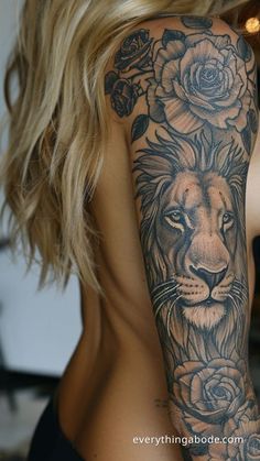 45+ Lion Tattoo Ideas to Give You Inspiration for Your Next Ink Lion Arm Sleeve Tattoos For Women, Lion Tattoo For Women Shoulder, Female Lion Sleeve Tattoo, Leo Sleeve Tattoos For Women, Lion Forearm Tattoo Women, Shoulder Tattoos For Women Lion, Tatoos Arms Women, Two Lions Tattoo, Women’s Lion Tattoo