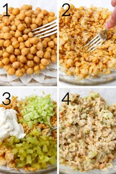 four pictures showing the steps to make chickpeas salad with sour cream and celery