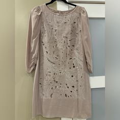 Euc Worn Once Tibi Kia Eyelet Embroidered Silk Shift Dress Size 8 Spring Evening Dress With Cutwork Hem, Elegant Spring Dresses With Cutwork, Spring Fitted Dress With Cutwork, Spring Fitted Cutwork Dresses, Spring Cutwork Fitted Dress, Fitted Long Sleeve Dress With Cutwork, Elegant Long Sleeve Dresses With Tonal Embroidery, Silk Shift Dress, Embroidered Silk