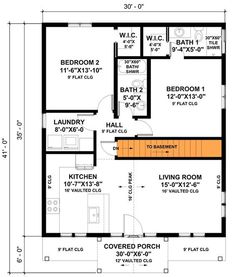 the floor plan for a two bedroom house with an attached bathroom and living room area