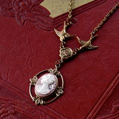 Victorian Lady Cameo Necklace- Brass and Pink Victorian Cameo, Hairdresser Gift, Cameo Pendant Necklace, White Woman, Victorian Lady, Vintage Cameo, Red Necklace, Cameo Necklace, Cameo Pendant