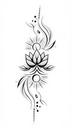 a black and white drawing of a lotus flower with dots on it's petals