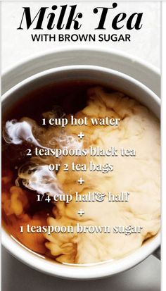 a cup of hot chocolate tea with brown sugar and instructions on how to make it