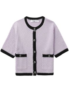 lilac purple/black cotton blend pointelle knit contrasting trim crew neck front button fastening short sleeves straight hem Purple Sweater For Workwear In Spring, Purple Sweater For Spring Workwear, Cardigan Pink, Pointelle Knit, Versace Outfit, Contrasting Trim, Lilac Purple, Knitwear Cardigan, Lady Dior