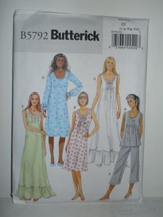 Butterick B5792 sewing pattern in sizes Y for x-small, small and medium OR ZZ for large, x-large and XX-large. Romantic, feminine nightgown options with scoop neckline, long sleeve or sleeveless, optional pintucked bodice, lace trim and ruffle hemline. The nightgown has options for floor length and below-the-knee length hems. The pajama pattern has a camisole style top and capri length pant.  Suggested fabrics include soft lightweight wovens, such as cotton battiste, satin and flannel. This list Nightgown Pattern, Leanne Marshall, Pajama Pattern, Gown Pattern, Butterick Pattern, Butterick Sewing Pattern, Nightgowns For Women, Easy Sewing Patterns, Couture Vintage