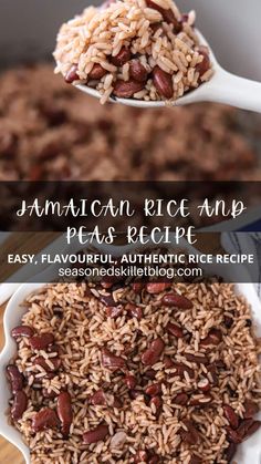 rice and beans in a white bowl on a wooden table with text overlay that reads jamaican rice and peas recipe easy, flavorful, authentic rice recipe