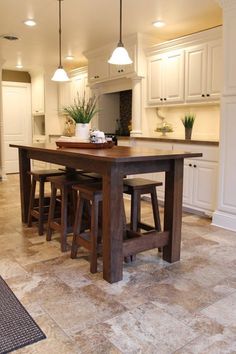 a kitchen with an island and stools in it