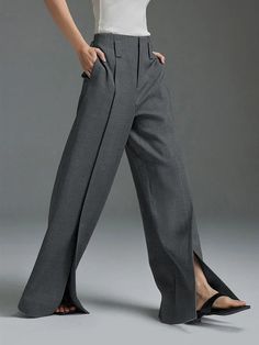 Effortless Sophistication: High-Waisted Pleated Split-Front Trousers with a Loose Wide-Leg Fit Midi Skirts Summer, High Waist Long Skirt, Grey Trousers, Women Formals, New Pant, Straight Trousers, Pantalon Large, Women Skirts Midi, Trouser Pants