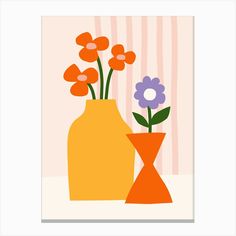 two vases with flowers in them sitting on a table next to a striped wall