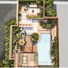 an aerial view of a house with a pool and garden area in the middle of it