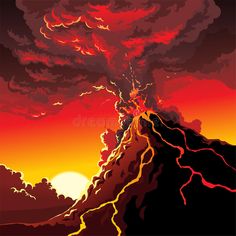 an illustration of a volcano erupting lava into the sky at sunset or sunrise