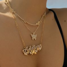 Butterfly flower custom nameplate necklace with gold vermeil or sterling silver options from The M Jewelers. Name Plate Necklace Gold, Wedding Anklets, M Jewelers, Initial Earrings, Stacked Necklaces, Nameplate Necklace, Butterfly Flower, Jewelry Lookbook, Gold Necklace Layered