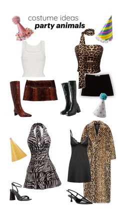 several different types of animal print clothes and accessories on display with the words costume ideas party animals