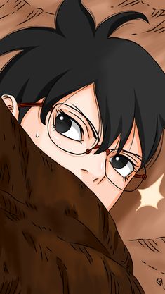 an anime character with black hair and glasses hiding behind a brown blanket on the ground