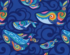 a group of colorful fish swimming in the blue water with swirly waves around them