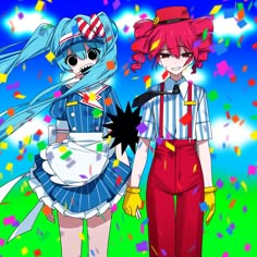 two anime characters standing next to each other in front of confetti and streamers