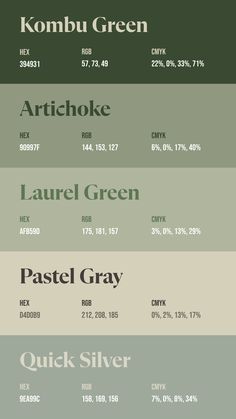 Colors:
394931
90997F
AFB59D
D4D0B9
9EA99C Winter Green Color Palette, Modern Green Color Palette, Green Pallet Color, Color Palette Codes, Gradient Color Palette, Seeds Color Palette, Seeds Color