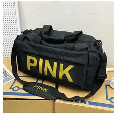 It is a great bag for exercise, travel, sports activities, tennis, basketball, yoga, fishing, hunting, camping, hiking, and many outdoor activities. 1. Material: Nylon 2. Size: The width of this bag is approximately 20.47", the height is 11.02", and the base thickness is 8.66". 3. Large Capacity: In addition to the main bag, this sports travel bag has a separate zippered compartment on the left side to store shoes, clothes or dirty gear. 4. Features: Comfortable, sturdy and adjustable shoulder s Travel Sports, Pink Letter, Sports Travel, Luggage Sets, Sports Activities, Shoe Store, Pink Bag, Storage Bag, Travel Bag