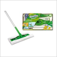 a green and white mop with two different cleaning products in the box next to it