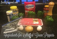 ingredients for stuffed green peppers sitting on a counter