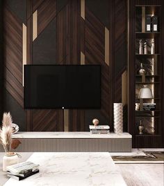 a modern living room with wood paneling and white marble coffee table in front of the flat screen tv