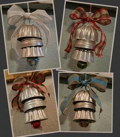 four pictures of bells with bows on them