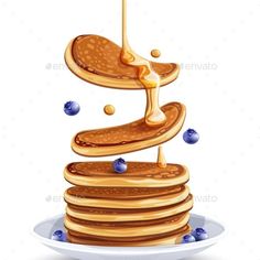 a stack of pancakes with syrup and blueberries on a plate - food objects illustrations