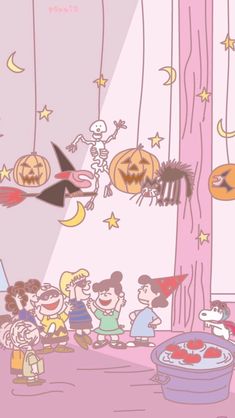 a group of cartoon characters standing in front of a window with halloween decorations hanging from the ceiling