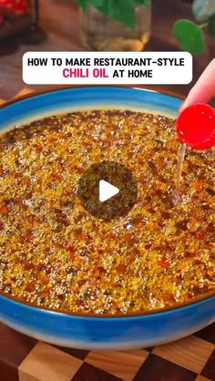 a person is pouring chili into a bowl with the words how to make restaurant - style chili at home