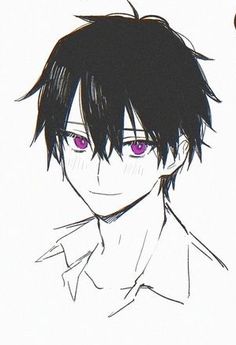 a drawing of a man with purple eyes and black hair, wearing a white shirt