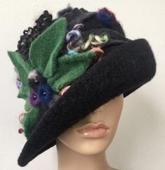 Black Felted Wool Cloche Hat with Flowers, Women's 1920’s Cloche Hat Art Deco Hats, Hat With Flowers, Wool Cloche Hat, Felted Hat, Cloche Hats, Ladies Hats, Felted Art, Steampunk Hat, Womens Hat