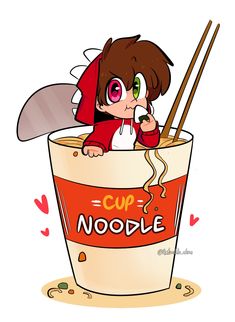 a cartoon character in a cup with noodles and chopsticks sticking out of it