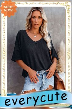 Women Summer Casual Solid Short Sleeve T-shirt Basic V-neck Batwing Sleeve Tops Fashion Loose Breathable Knitted Pullover Tees Spring V-neck Knit T-shirt, Spring Knit V-neck T-shirt, Summer V-neck Knit Top, Fall V-neck T-shirt, Casual Solid Color V-neck T-shirt, Solid Color Knit V-neck Top, Solid Color Short Sleeve V-neck Top For Fall, Trendy V-neck T-shirt For Fall, Fall V-neck Short Sleeve Top In Solid Color