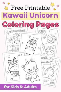 free printable kawai unicorn coloring pages for kids and adults to color in with