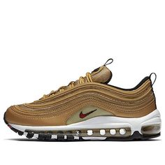 (WMNS) Nike Air Max 97 OG QS 'Metallic Gold' 885691-700 (SNKR/Retro/Women's) Nike Gold Sporty Sneakers, Gold Air Max Sneakers For Streetwear, Gold Sneakers With Air Max Cushioning For Streetwear, Gold Sneakers With Air Cushioning For Sports, Gold Sporty Running Sneakers, Gold Casual Sneakers With Air Max Cushioning, Casual Gold Sneakers With Air Max Cushioning, Air Max Women, Retro Women