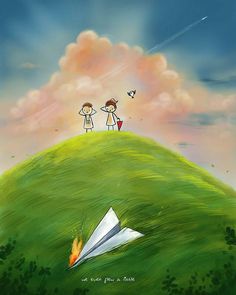 two children standing on top of a green hill with a paper airplane in the sky