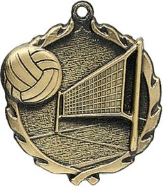 a gold medal with a volleyball ball and racket on the front, hanging from a chain