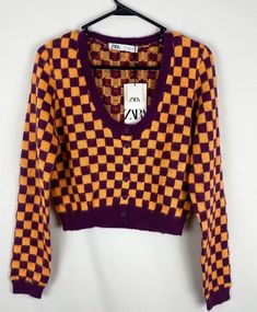 NWT Zara Cropped Checkered Cardigan Sweater Orange & Purple Wool Blend Fuzzy S,M Fuzzy cozy feel Modern, eye-catching style Size S armpit to armpit 17", length 18"  Size M armpit to armpit 18", length 18" Checkered Clothes, Checkered Cardigan, Orange And Purple, Cardigan Sweater, Sweater Outfits, Sweater Cardigan, Women's Blazer, Wool Blend, Men Sweater